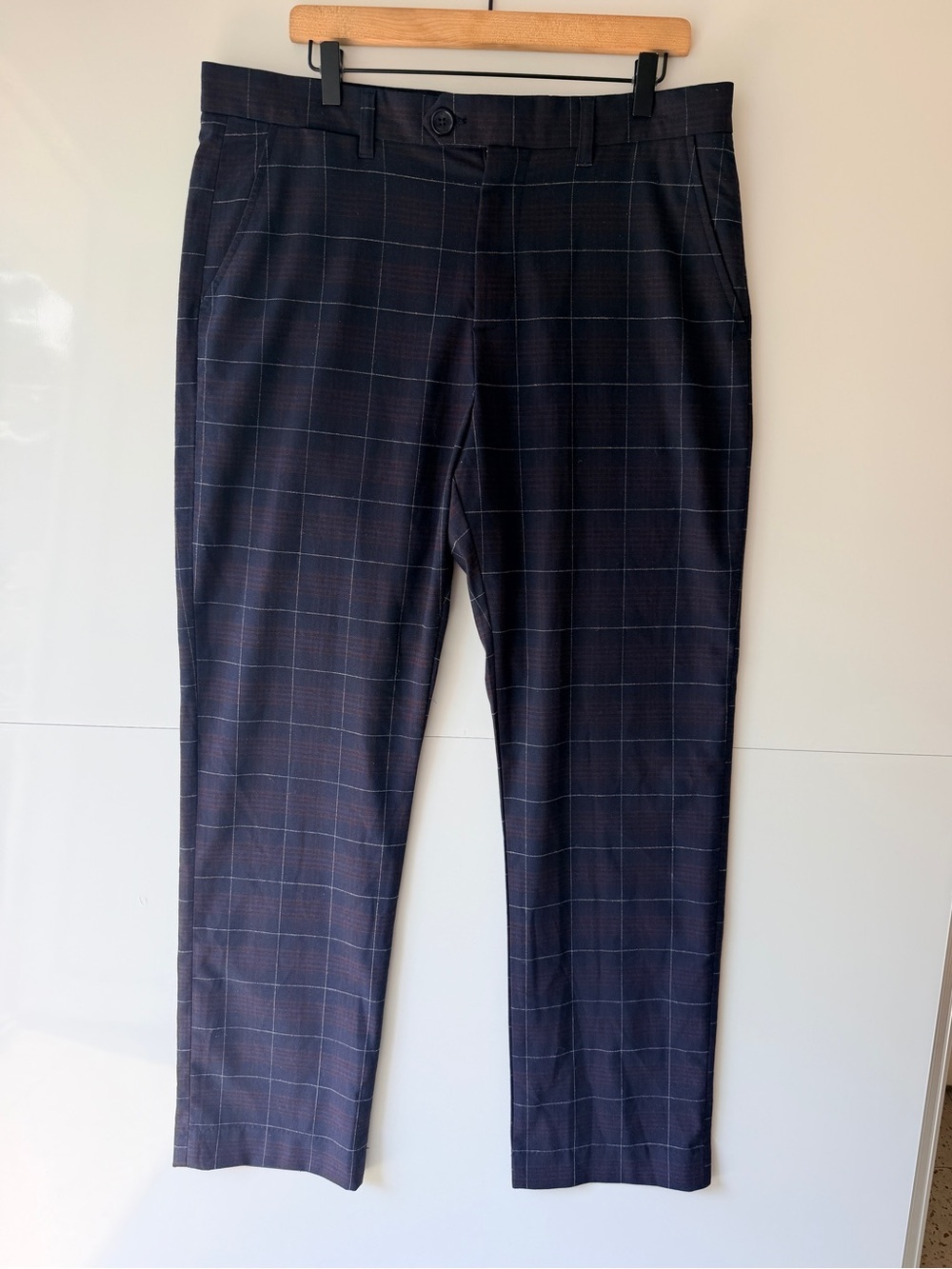 Percival Plaid Dress Pants Cropped Slim Fit Dark Blue Sz 36 Tailored Preppy Boho